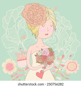 Beautiful bride with flowers in vector. Cute invitation card with blonde girl in wedding dress with peony flowers in pastel summer colors 