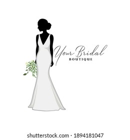 Beautiful Bride Gown with Bouquet Flower, Bridal Boutique Logo, Bridesmaid Gown Logo Vector Design Template