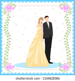 Beautiful bride and groom couple in romantic mood on wedding ceremony. Vector illustration