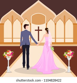 Beautiful bride and groom couple in romantic mood on wedding ceremony. Vector illustration