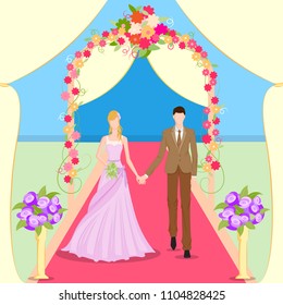 Beautiful bride and groom couple in romantic mood on wedding ceremony. Vector illustration