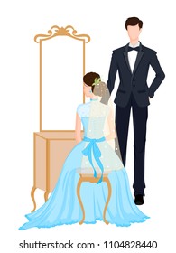 Beautiful bride and groom couple in romantic mood on wedding ceremony. Vector illustration