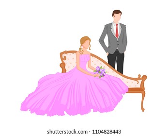 Beautiful bride and groom couple in romantic mood on wedding ceremony. Vector illustration