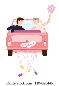 Beautiful bride and groom couple in romantic mood on wedding ceremony travelling on car. Vector illustration