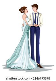 Beautiful bride and groom couple in romantic mood on wedding ceremony. Vector illustration