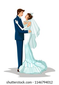 Beautiful bride and groom couple in romantic mood on wedding ceremony. Vector illustration