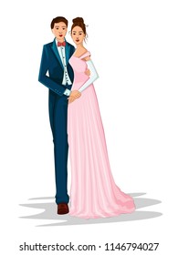 Beautiful bride and groom couple in romantic mood on wedding ceremony. Vector illustration