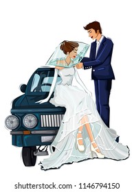 Beautiful bride and groom couple in romantic mood on wedding ceremony. Vector illustration