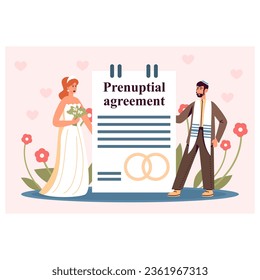 Beautiful bride and groom standing near document. Signing marriage contract before wedding. Prenuptial agreement concept. Flat vector illustration in cartoon style