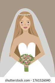 Beautiful bride holding a bouquet, vector illustration for greeting card, invitation, banner, flyer. Happy wedding day. White dress