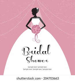 Beautiful bride holding a flower bouquet. Bridal shower invitation, wedding.
