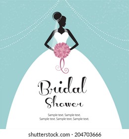 Beautiful bride holding a flower bouquet. Bridal shower invitation, wedding.