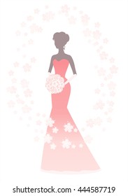Beautiful Bride holding a flower bouquet. Woman in a Red long dress. Silhouette isolated on White background. Vector 