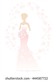 Beautiful Bride holding a flower bouquet. Woman in a Pink wedding dress. Silhouette isolated on White background. Vector