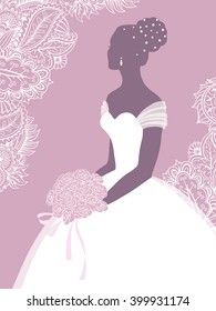 Beautiful bride holding a rose bouquet, vector illustration for design, greeting card or invitation