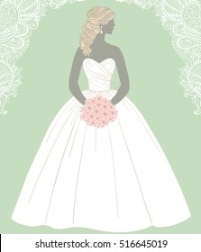 Beautiful bride holding a rose bouquet, vector illustration for greeting card, invitation, fliyer, banner, bridal shower.