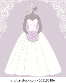 Beautiful bride holding a rose bouquet, vector illustration for greeting card, invitation, fliyer, banner, bridal shower.