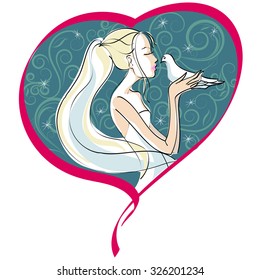 Beautiful bride kisses dove on the heart background hand drawn vector illustration