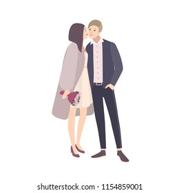 Beautiful bride kissing groom's cheek during wedding ceremony. Adorable pair of happy man and woman or romantic couple isolated on white background. Colorful vector illustration in flat cartoon style.