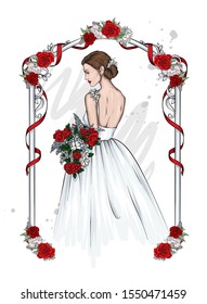 Beautiful bride in a magnificent dress with a bouquet of flowers. Fashion and style, women's wedding clothes. Vector illustration for a card, poster or invitation. Wedding. Girl with long hair.