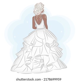 Beautiful Bride in a magnificent wedding dress, wedding fashion vector illustration, invitation, postcard