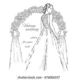 Beautiful bride near the wedding arch. Vector illustration for a card or poster. Wedding. Beautiful girl in a wedding dress.