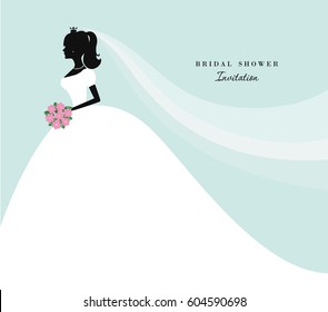 Beautiful bride silhouette on pastel blue. Can be used for save the date, wedding, bridal shower invitation.