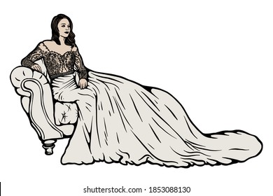 Beautiful bride sitting in chair Vector illustration - Hand drawn