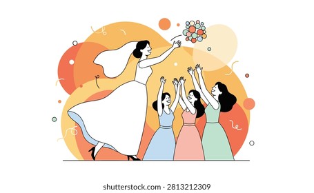 Beautiful bride throwing her wedding flower bouquet to group of excited bridesmaids waiting to catch it at the ceremony.