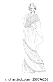 Beautiful  bride in vector sketch. H-silhouette wedding dress design.