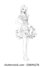 Beautiful bride in vector sketch. Short wedding dress design.