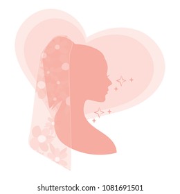 Beautiful bride with veil silhouette vector illustration. Can be used for wedding invitation and greeting card.