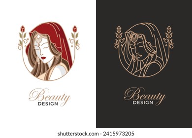 beautiful bride wearing indian dress logo design line art, vector ,template 