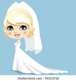 Beautiful bride wearing long white bridal dress and veil