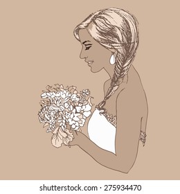 Beautiful bride with a wedding bouquet. Set of wedding vintage design elements, designers toolkit. Beautiful wedding bouquet in hands of the bride. Vector illustration.