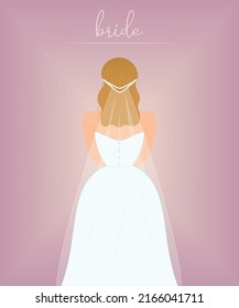 Hermosa novia con vestido de novia y velo de novia, vista trasera. Ilustración vectorial plana de licitación