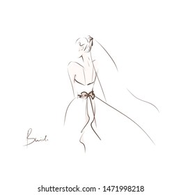 Beautiful bride in wedding dress. Hand drawn illustration, vector