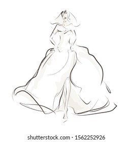 Beautiful bride in wedding dress. Hand drawn illustration, vector