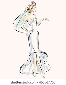 Beautiful bride in wedding dress vector illustration