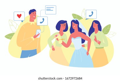Beautiful Bride in White Dress Holding Flower Bouquet with Bridesmaids Sending Photo to Friend from Bridal Ceremony using Smartphone App, Wedding, Marriage Celebration Cartoon Flat Vector Illustration