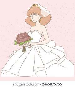 Beautiful bride in white wedding gown and veil holding bouquet in hands. Pink rose petals, confetti flying behind. Hand drawn flat cartoon character vector illustration.