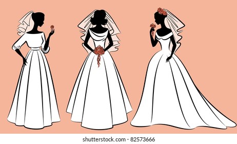 Beautiful brides in dress. Vector set