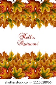 Beautiful bright a4 poster template with colorful maple leaves border and text Hello Autumn. Cartoon style vector illustration.