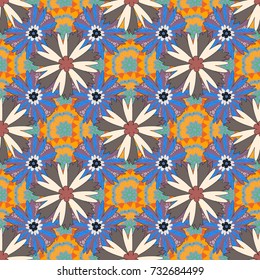 Beautiful bright abstract decorative beige, brown and blue flowers. Elements to create design patterns, ornament, backgrounds, wallpaper, textiles. Floral seamless texture. Vector illustration.