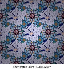 Beautiful bright abstract decorative brown, violet and blue flowers. Floral seamless texture. Vector illustration. Elements to create design patterns, ornament, backgrounds, wallpaper, textiles.