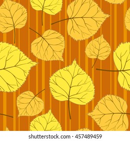Beautiful bright autumn seamless pattern with colorful leaves and stripes on a orange background.Vector illustration.Design for web pages,cloth,textile,wrapping paper,scrapbooking,Wallpapers.