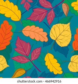 Beautiful bright autumn seamless pattern with colorful leaves on a green background .Vector illustration for web pages,cloth,textile,wrapping paper,scrapbooking,Wallpapers.