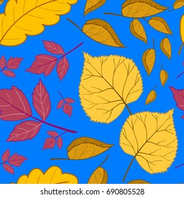 Beautiful bright autumn seamless pattern with colorful leaves on a blue background.Vector illustration.Design for web pages,cloth,textile,wrapping paper,scrapbooking,wallpapers.