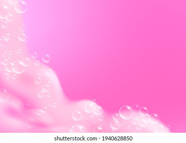Beautiful bright background with Bath pink foam and empty place for your text. Shampoo bubbles texture. Sparkling pink shampoo and bath lather. Vector realistic illustration.