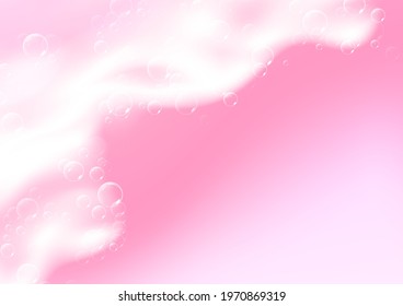 Beautiful bright background with Bath pink foam and empty place for your text. Shampoo bubbles texture. Sparkling pink shampoo and bath lather. Vector realistic illustration.